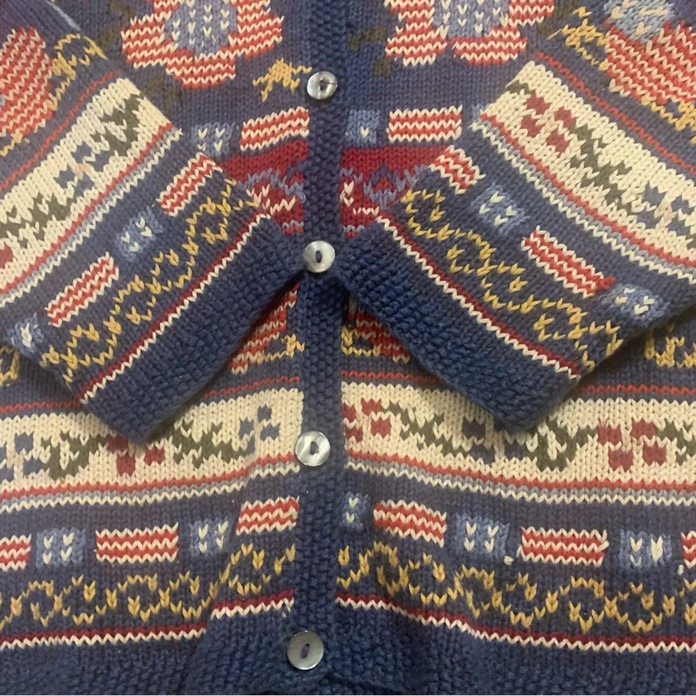 Talbots Americana Hearts Vintage 90s Linen Blend Hand Knit Cardigan Sweater - Picture 6 of 13